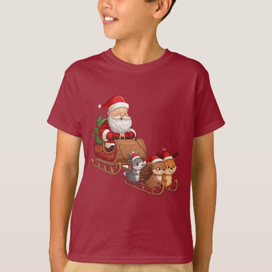 Santa’s Woodland Sleigh Ride – Kids Christmas Tee Tシャツ (正面)