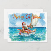 Santa Sailing – Tropical Watercolor Christmas シーズンポストカード (正面/裏面)