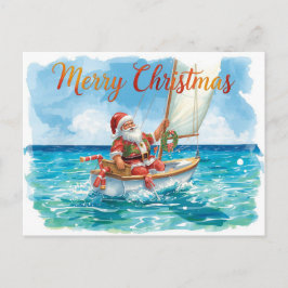 Santa Sailing – Tropical Watercolor Christmas シーズンポストカード