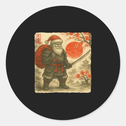 Santa Samurai Japanese Warrior Costume Sumi-e Art  ラウンドシール (正面)