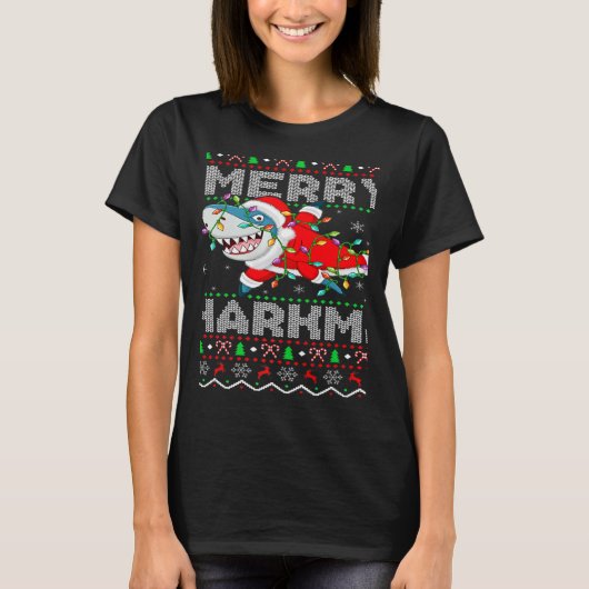 Santa Shark Christmas Lights Ugly Merry Sharkmas Tシャツ (正面)