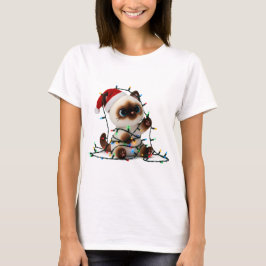 Santa Siamese Cat Tangled in Christmas Lights Tシャツ