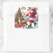 Santa Skates With Reindeer by Tree スクエアシール (バッグ)