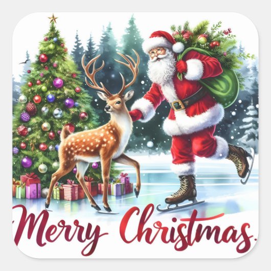 Santa Skating With Reindeer by Trees スクエアシール (正面)