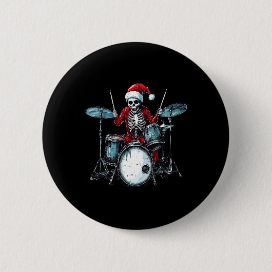 Santa Skeleton Playing Drum Drummer Percussionist 缶バッジ (正面)