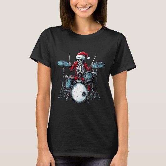 Santa Skeleton Playing Drum Drummer Percussionist  Tシャツ (正面)