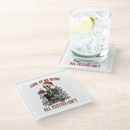 Santa Skeleton with Cat Holiday Snark ガラスコースター (アングル)