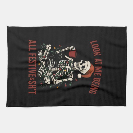 Santa Skeleton with Cat Holiday Snark キッチンタオル (横)