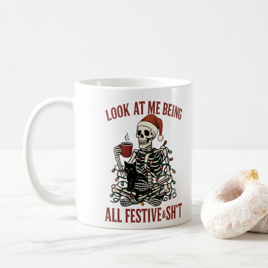 Santa Skeleton with Cat Holiday Snark コーヒーマグカップ (ドーナツ)