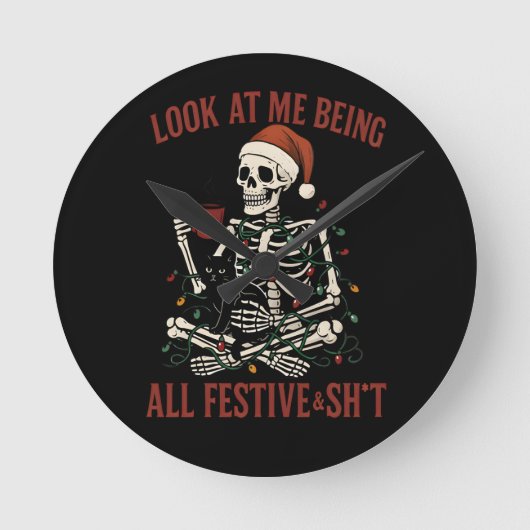 Santa Skeleton with Cat Holiday Snark ラウンド壁時計 (正面)