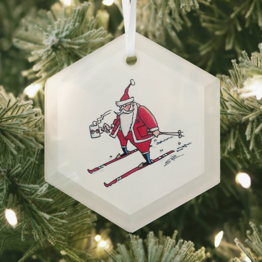 Santa Skiing hexagon glass ornament ガラスオーナメント (インサイチュ)