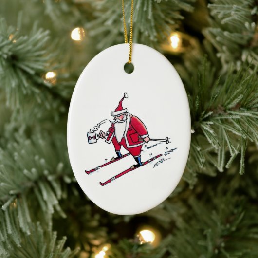 Santa Skiing oval ceramic ornament セラミックオーナメント (ツリー)