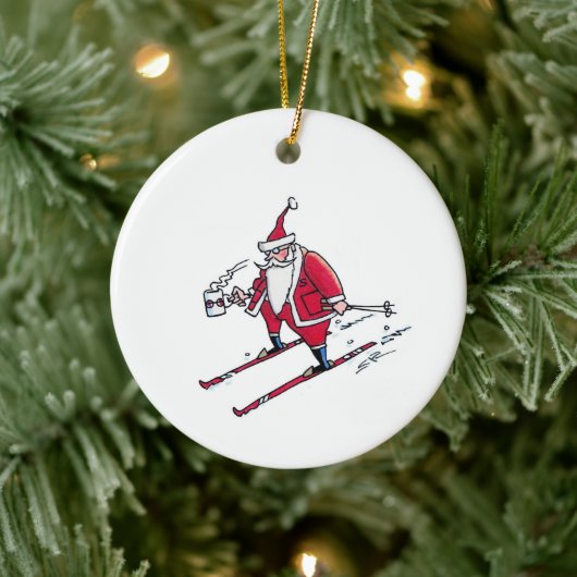 Santa Skiing round ceramic ornament セラミックオーナメント (ツリー)