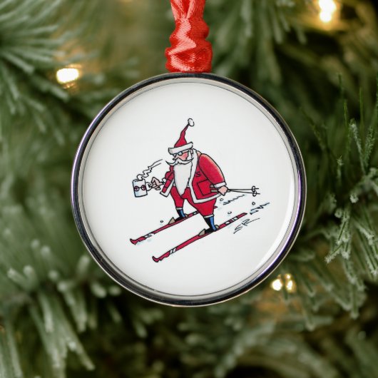 Santa Skiing round premium ornament メタルオーナメント (ツリー)