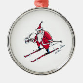 Santa Skiing round premium ornament メタルオーナメント (正面)