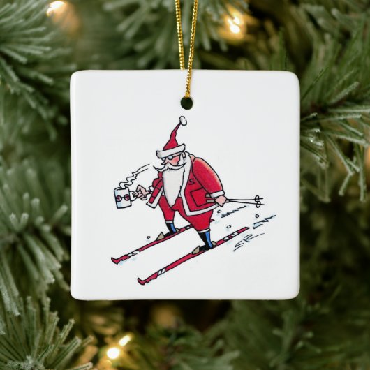 Santa Skiing square ceramic ornament セラミックオーナメント (ツリー)