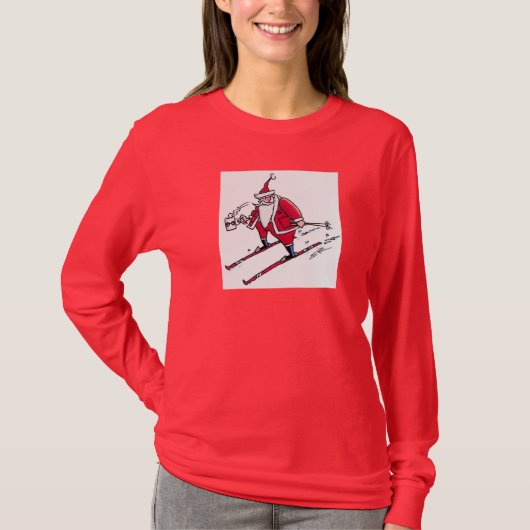 Santa Skiing women red long sleeve shirt Tシャツ (正面)