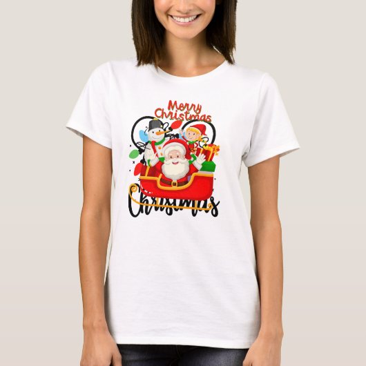 Santa Sleigh Merry Christmas Cartoon Tシャツ (正面)