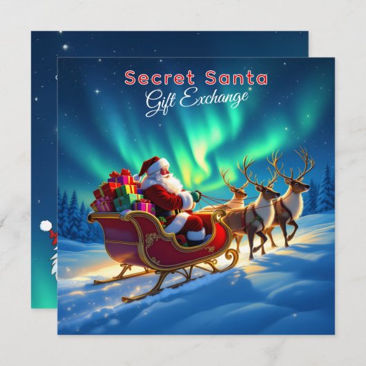 Santa Sleigh & Northern Lights Secret Santa Party 招待状 (正面/裏面)