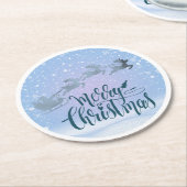 Santa Sleigh & Reindeer Merry Christmas ラウンドペーパーコースター (アングル)