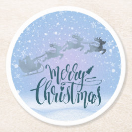 Santa Sleigh & Reindeer Merry Christmas ラウンドペーパーコースター