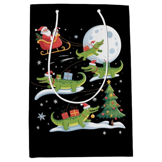 Santa Sleigh Riding Alligator Christmas Funny Xmas ミディアムペーパーバッグ (正面)