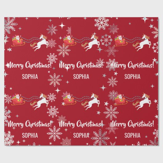 Santa Sleigh Unicorn Snowflakes Personalized Xmas ラッピングペーパー (フラット)