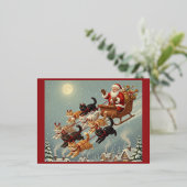 Santa Sleigh with Flying Cats Christmas Postcard 箔シーズンポストカード (立ち正面)