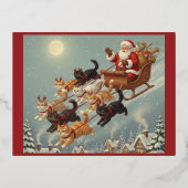 Santa Sleigh with Flying Cats Christmas Postcard 箔シーズンポストカード (正面)