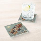 Santa Sleigh with Flying Cats Glass Coaster ガラスコースター (アングル)