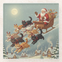 Santa Sleigh with Flying Cats Glass Coaster ガラスコースター
