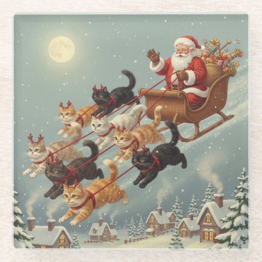 Santa Sleigh with Flying Cats Glass Coaster ガラスコースター (正面)