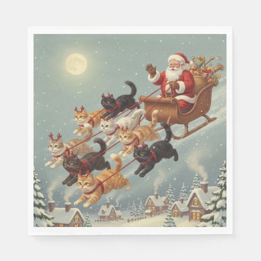Santa Sleigh with Flying Cats Napkins スタンダードランチョンナプキン (正面)