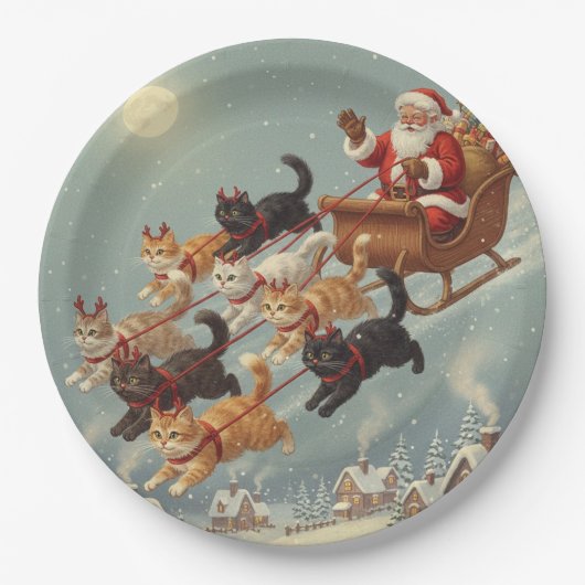 Santa Sleigh with Flying Cats Paper Plates ペーパープレート (正面)