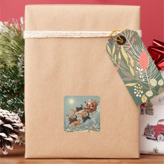 Santa Sleigh with Flying Cats Stickers スクエアシール (クリスマス)