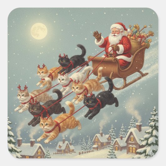 Santa Sleigh with Flying Cats Stickers スクエアシール (正面)
