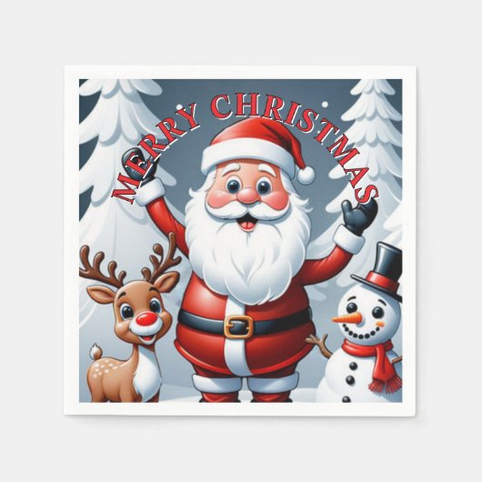  Santa, Snowman, and Ralph the Reindeer Holiday スタンダードカクテルナプキン (正面)