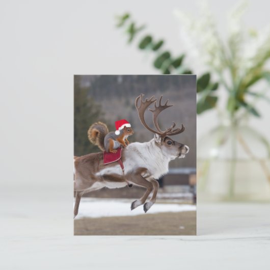 Santa Squirrel Riding a Reindeer ポストカード (スタンド正面)