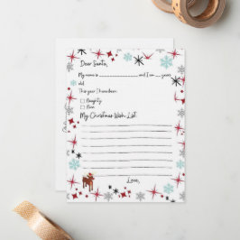Santa Starsカラーリングページカードへの子のウィッシュリスト ノートカード