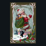 Santa Stepping Into Chimney ポスター<br><div class="desc">A Jolly Christmas To All. Santa Claus has a green sack on his back that reads, "XMAS" and which contains a toy wheelbarrow, donkey and doll. There's a pink ribbon bordering this vintage Christmas postcard from 1909, and a spray of holly leaves and berries at the base of the card....</div>