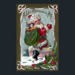 Santa Stepping Into Chimney ポスター<br><div class="desc">A Jolly Christmas To All. Santa Claus has a green sack on his back that reads, "XMAS" and which contains a toy wheelbarrow, donkey and doll. There's a pink ribbon bordering this vintage Christmas postcard from 1909, and a spray of holly leaves and berries at the base of the card....</div>