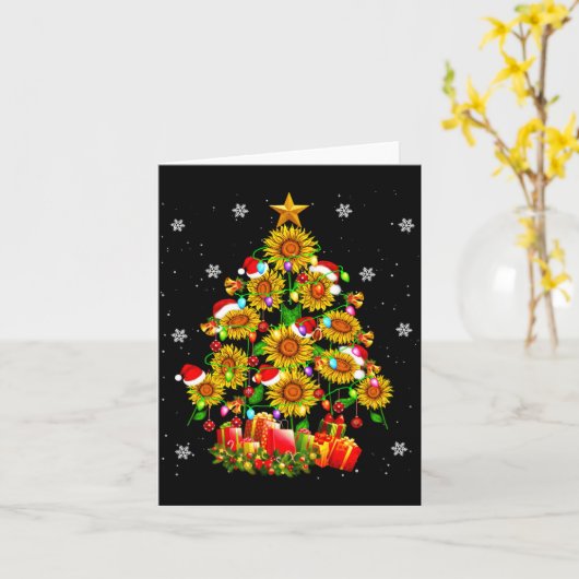 Santa Sunflower Christmas Tree Xmas Lights Santa S カード (黄色い花)