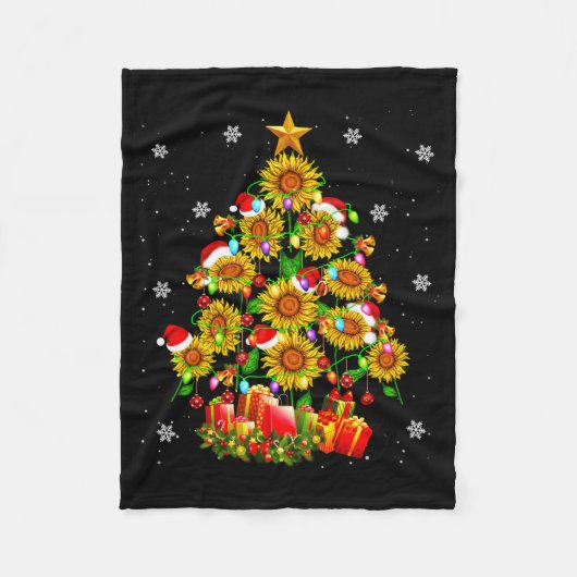Santa Sunflower Christmas Tree Xmas Lights Santa S フリースブランケット (正面)