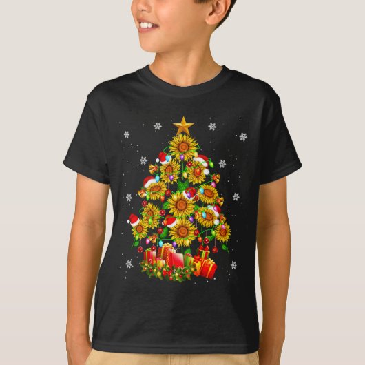 Santa Sunflower Christmas Tree Xmas Lights Santa S Tシャツ (正面)