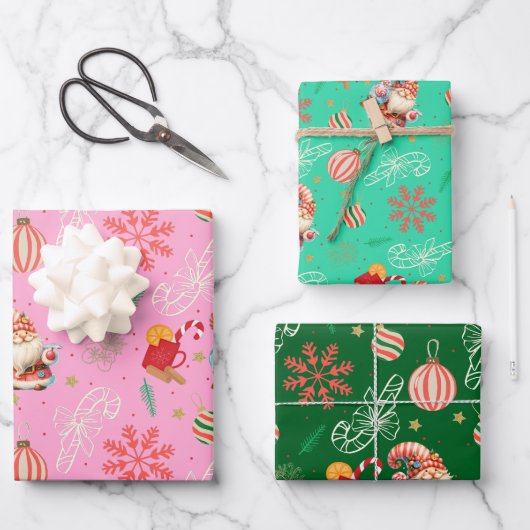 Santa & Sweet Holiday Pattern Gift Wrap Set ラッピングペーパーシート (正面)