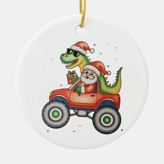 Santa T Rex Dinosaur Monster Truck Christmas Xmas セラミックオーナメント (正面)