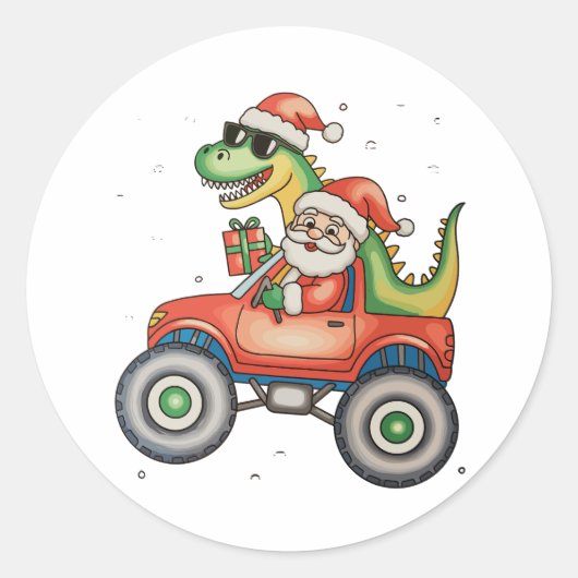 Santa T Rex Dinosaur Monster Truck Christmas Xmas ラウンドシール (正面)
