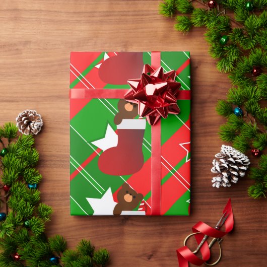 Santa Teddy bear in Christmas stocking ラッピングペーパー (クリスマスギフト)