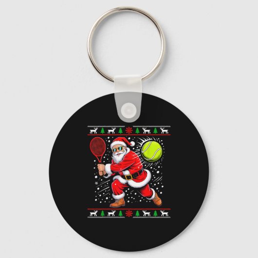 Santa Tennis Player Christmas Xmas Funny Holiday M キーホルダー (正面)