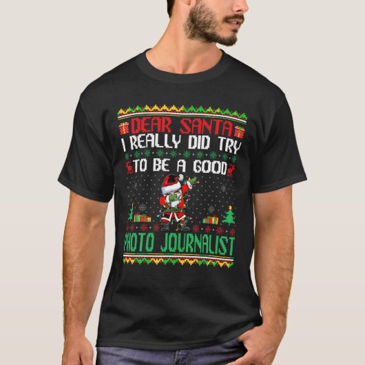 Santa Try to a Good Photo Journalist おもしろい Chri Tシャツ (正面)